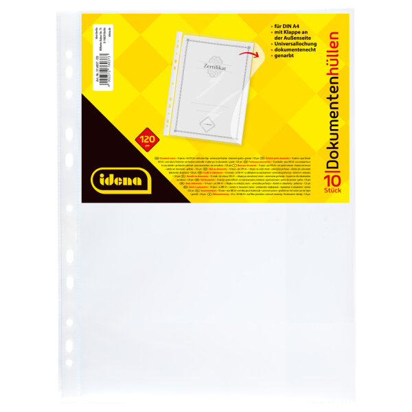 Packung mit 10 extra starken genarbten Dokumentenhüllen im DIN A4 Format.