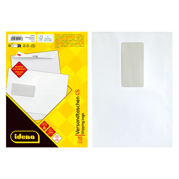 10 Versandtaschen C5 mit Fenster und haftklebender Verschlusslasche aus 90 g/m² Papier, FSC Mix zertifiziert