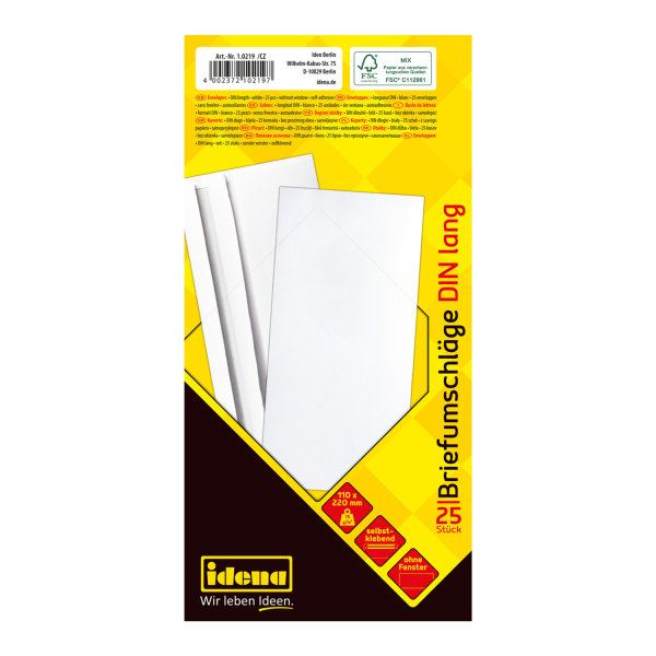 Briefumschläge - DIN lang, 25 Stück, FSC® Mix, ohne Fenster, selbstklebend