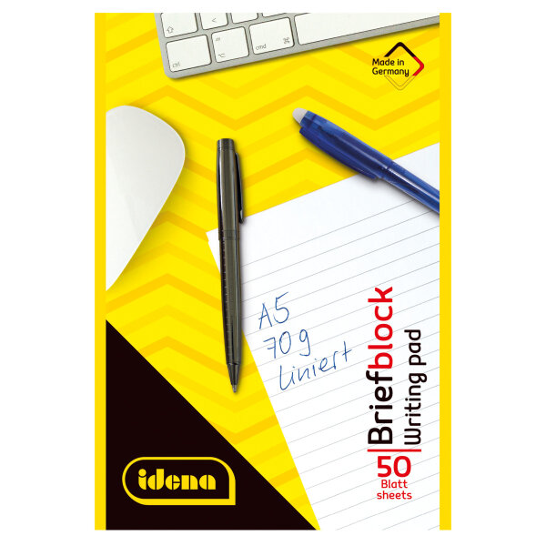 Briefblock im DIN A5 Format mit 50 Blatt, liniert, kopfgeleimt und FSC Mix zertifiziert