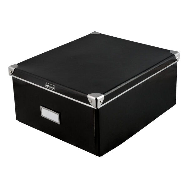 Schwarze Aufbewahrungsbox mit Deckel aus recyceltem FSC-zertifiziertem Material in den Maßen 36 x 28 x 17 cm