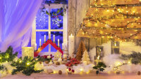 Adventsleuchter, mit 7 Kerzenlichtern, für innen, mit Schalter, Holz, rot
