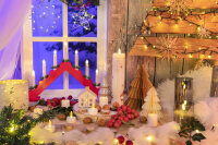Adventsleuchter, mit 7 Kerzenlichtern, für innen, mit Schalter, Holz, rot