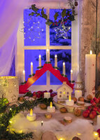 Adventsleuchter, mit 7 Kerzenlichtern, für innen, mit Schalter, Holz, rot
