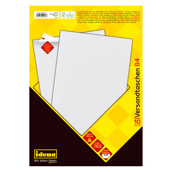 Packung mit 10 Versandtaschen der Größe B4, mit einem Gewicht von 100 g, selbstklebender Haftung und FSC-Mix-Zertifizierung