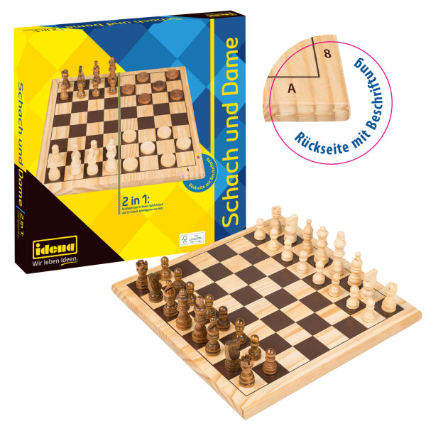 Holzschach- und Damespiel mit doppelseitigem Spielbrett und Figuren aus FSC-zertifiziertem Holz