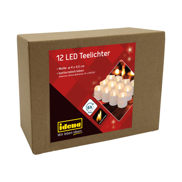 LED-Teelichter - 12 Stück,  batteriebetrieben, mit Flackereffekt & Timer, warmweiß