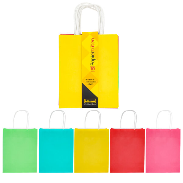 Packung mit 10 Papiertüten in 5 verschiedenen Farben (je 31 x 26 x 12 cm) aus FSC-Mix