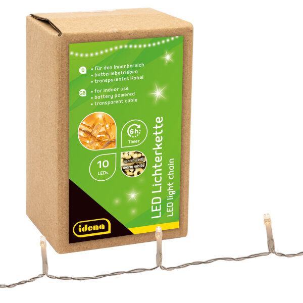 Dekorative Lichterkette mit 10 warmweißen LEDs, batteriebetrieben für eine gemütliche Atmosphäre.