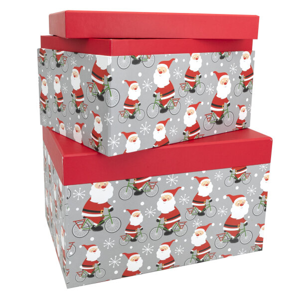Zwei große Geschenkboxen im Weihnachtsmann-Design mit FSC-Mix Zertifizierung