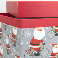 Zwei große Geschenkboxen im Weihnachtsmann-Design mit FSC-Mix Zertifizierung