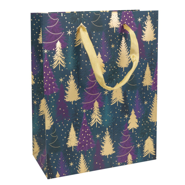 Grüne Geschenktasche mit Tannenbaum-Motiv in mittlerer Größe (18 x 23 x 8 cm) aus FSC Mix Papier