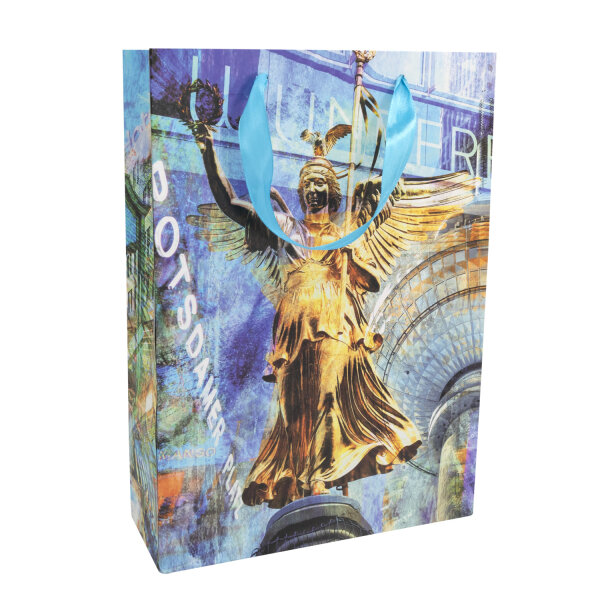 Rechteckige Geschenktasche in mattem Berlin-Design mit den Maßen 23 x 18 x 8 cm und FSC-Mix-Zertifizierung