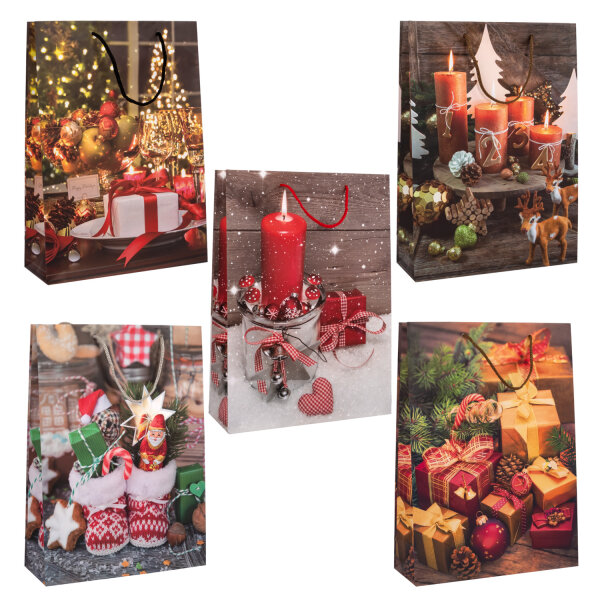 Bunte Geschenktasche für Weihnachten mit verschiedenen Motiven und Maßen von 25 x 35 x 9 cm