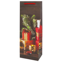 Weihnachtliche Flaschentasche mit sortierten Motiven in den Maßen 35 x 12,5 x 9 cm und FSC-Mix-Zertifizierung