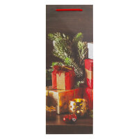 Weihnachtliche Flaschentasche mit sortierten Motiven in den Maßen 35 x 12,5 x 9 cm und FSC-Mix-Zertifizierung