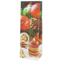 Weihnachtliche Flaschentasche mit sortierten Motiven in den Maßen 35 x 12,5 x 9 cm und FSC-Mix-Zertifizierung