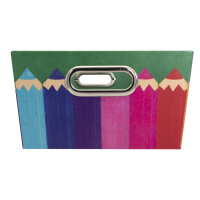 Bunte Aufbewahrungsbox für Buntstifte mit den Maßen 33 x 23 x 13 cm und FSC-Mix Zertifizierung