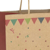 Braune Geschenktasche mit Happy Birthday Motiv und Maßen von 27 x 18 x 10 cm aus recyceltem FSC-zertifiziertem Papier