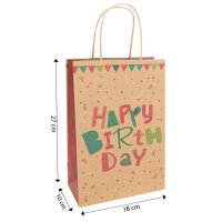 Braune Geschenktasche mit Happy Birthday Motiv und Maßen von 27 x 18 x 10 cm aus recyceltem FSC-zertifiziertem Papier