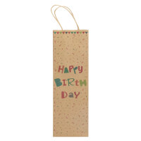 Braune Flaschentasche mit Happy Birthday Aufschrift in Rot und Grün, aus FSC recyceltem Material, Maße: 39 x 12 x 10 cm