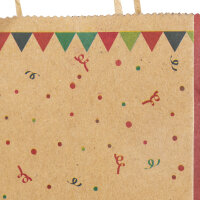 Braune Flaschentasche mit Happy Birthday Aufschrift in Rot und Grün, aus FSC recyceltem Material, Maße: 39 x 12 x 10 cm