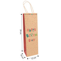 Braune Flaschentasche mit Happy Birthday Aufschrift in Rot und Grün, aus FSC recyceltem Material, Maße: 39 x 12 x 10 cm