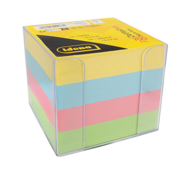 Bunte Zettelbox mit 700 Blatt in verschiedenen Farben, quadratisch mit den Maßen 9 x 9 cm und FSC-Mix-Zertifizierung
