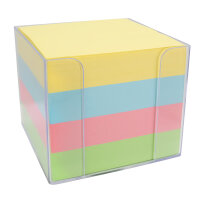 Bunte Zettelbox mit 700 Blatt in verschiedenen Farben, quadratisch mit den Maßen 9 x 9 cm und FSC-Mix-Zertifizierung