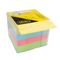 Bunte Zettelbox mit 700 Blatt in verschiedenen Farben, quadratisch mit den Maßen 9 x 9 cm und FSC-Mix-Zertifizierung