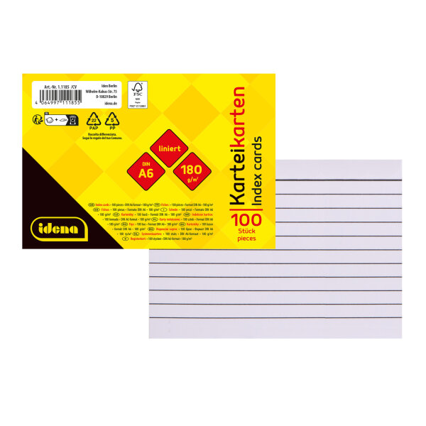 Packung mit 100 linierten Karteikarten in Weiß im DIN A6 Format und FSC Mix-Zertifizierung