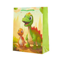 Bunte Geschenktasche mit Dino-Motiv, perfekt für kleine Dinosaurier-Fans, Maße: 23 x 18 x 8 cm