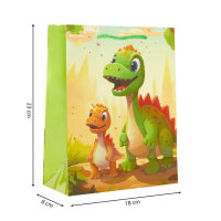 Bunte Geschenktasche mit Dino-Motiv, perfekt für kleine Dinosaurier-Fans, Maße: 23 x 18 x 8 cm