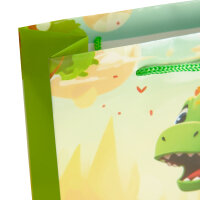 Bunte Geschenktasche mit Dino-Motiv, perfekt für kleine Dinosaurier-Fans, Maße: 23 x 18 x 8 cm