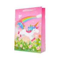 Bunte Geschenktasche mit Einhornmotiv in den Maßen 25 x 34 x 9 cm aus FSC-Mix, ideal zum Verpacken von Geschenken für Einhornliebhaber