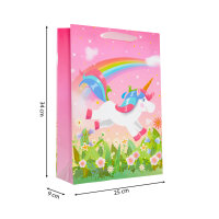 Bunte Geschenktasche mit Einhornmotiv in den Maßen 25 x 34 x 9 cm aus FSC-Mix, ideal zum Verpacken von Geschenken für Einhornliebhaber