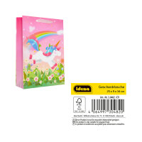 Bunte Geschenktasche mit Einhornmotiv in den Maßen 25 x 34 x 9 cm aus FSC-Mix, ideal zum Verpacken von Geschenken für Einhornliebhaber