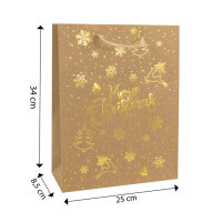 Stabile Geschenktasche Merry Christmas aus recyclebarem Kraftpapier in den Maßen 34 x 25 x 8,5 cm mit festlichen Weihnachtsmotiven