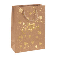 Stabile Geschenktasche Merry Christmas aus recyclebarem Kraftpapier in den Maßen 34 x 25 x 8,5 cm mit festlichen Weihnachtsmotiven