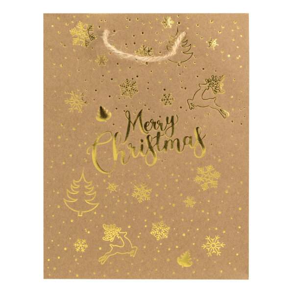 Geschenktasche Merry Christmas aus Kraftpapier in natürlicher Optik mit Maßen 23 x 18 x 8 cm