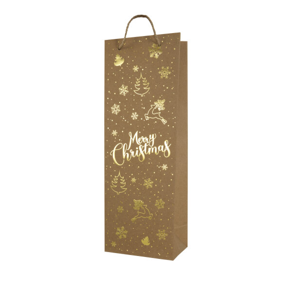 Flaschentasche Merry Christmas aus recyceltem Kraftpapier mit den Maßen 36 x 12 x 9 cm und weihnachtlichem Design
