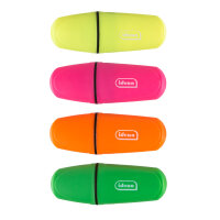 Vier Mini-Textmarker in Neonfarben (Blau, Grün, Gelb, Pink) mit praktischem Kapuzenverschluss