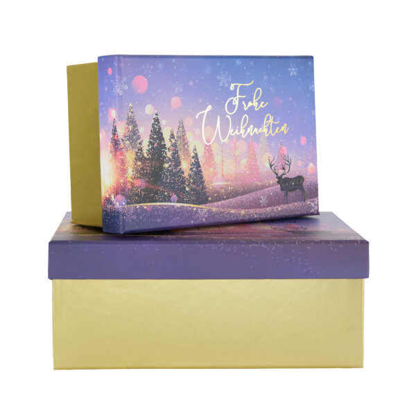 Zweier-Set lila Geschenkboxen für Weihnachten aus FSC Mix Holz mit winterlichem Design
