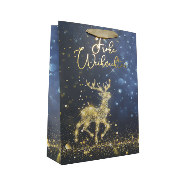 Elegante Geschenktasche für Weihnachten in Schwarz und Gold mit den Maßen 34 x 25 x 9 cm aus FSC-Mix Material