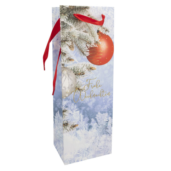 Weiße Flaschentasche Weiße Weihnachten in den Maßen 36 x 12 x 9 cm aus FSC-Mix Holz mit winterlichem Design