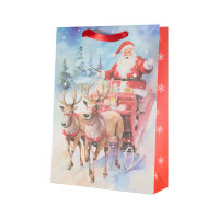 Weihnachtliche Geschenktasche mit Santa auf Schlitten Motiv, Maße 34 x 25 x 9 cm, aus FSC-Mix zertifiziertem Material