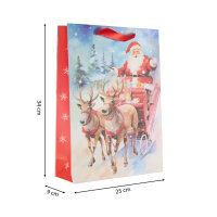 Weihnachtliche Geschenktasche mit Santa auf Schlitten Motiv, Maße 34 x 25 x 9 cm, aus FSC-Mix zertifiziertem Material