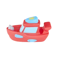 Spritz-Rettungsboot in den Farben Rot und Gelb mit Rettungskreis und funktionstüchtigem Ruder.
