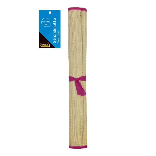 Lila Strandmatte aus Polyester in der Größe 60x180 cm mit pinken Streifen und praktischer Tragegriff.