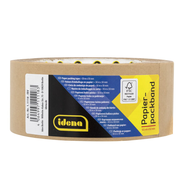 Extra starkes Packband aus Recycling-Papier in Braun, 5 cm breit und 50 m lang